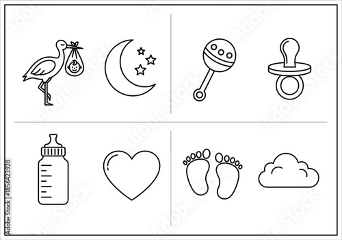 Minimalist black line icon set for baby care featuring storks, pacifiers, rattles, feeding bottles, and newborn parenthood symbols.