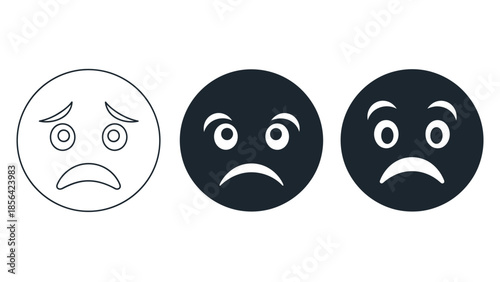 Set of three sad or disappointed emoticon faces outline, solid black fill, and fill black circle, vector icons