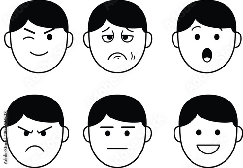 Minimalist black line icon set for character emotions featuring happy, sad, angry, surprised, and neutral facial expression symbols.