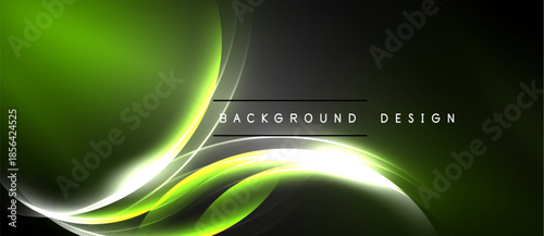 Abstract green waves, bright lines, dark backdrop. Modern design element, smooth gradients, dynamic composition. Simple text overlay present.