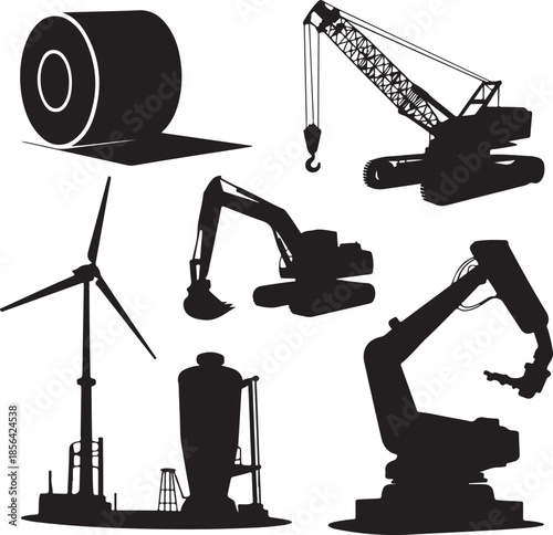 Collection of industrial machinery and equipment silhouettes isolated