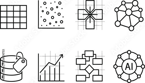 Minimalist black line icon set for data science featuring AI networks, analytics charts, database symbols, and system logic flowcharts.
