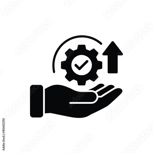A hand cradling a gear with a checkmark and an upward arrow icon