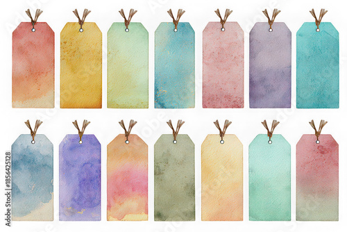 Watercolor hanging tag set with rectangular torn paper edges, pastel colors, and rustic twine, perfect for gift, label, or decoration, evokes soft and creative mood