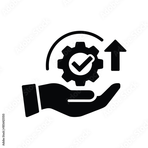 Hand holding gear with checkmark and upward arrow illustration