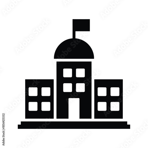 Simple black and white illustration of a classic building with a flag