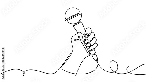 A continuous line drawing of a hand holding a vintage microphone