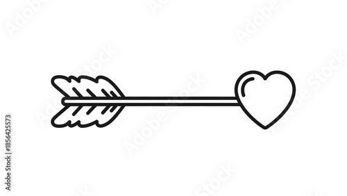 Black and white line art illustration of a heart pierced by a cupid's arrow, symbolizing love and romance.