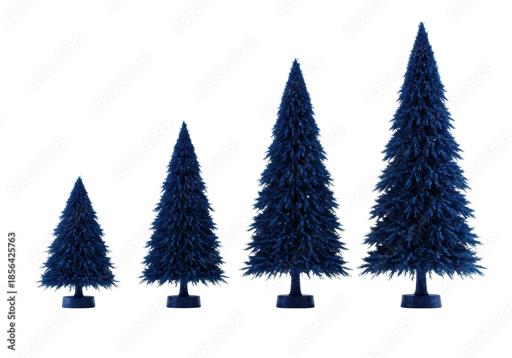 Obraz premium Four stylized sapphire blue christmas trees in sequential scale, symmetrical and dense, isolated on a transparent background with sharp contact shadows. Concept for sophisticated seasonal decor