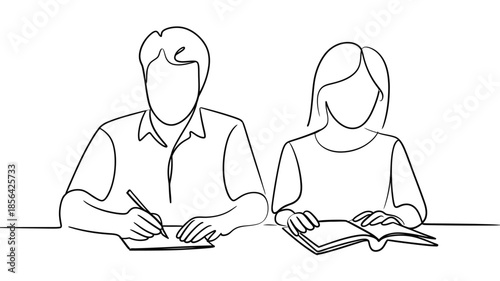 A simple line drawing of a man and a woman seated at a table