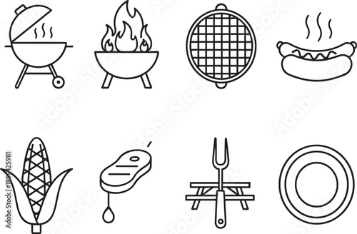 Minimalist black line icon set for outdoor grilling featuring BBQ grills, picnic tables, and summer cookout food symbols.