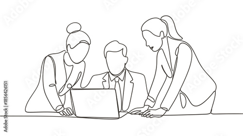 A continuous line drawing of three business professionals collaborating over a laptop