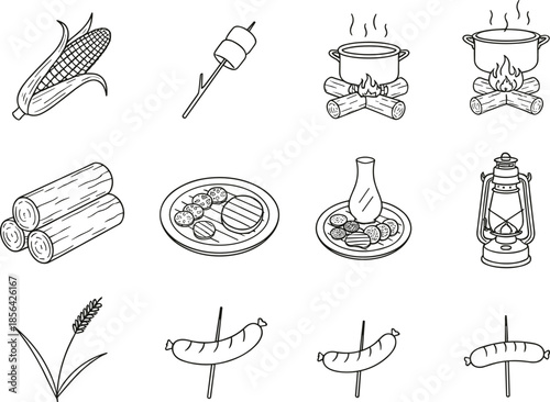 Minimalist black line icon set for outdoor cooking featuring campfires, grilled food, marshmallows, lanterns, and rustic camping equipment symbols.