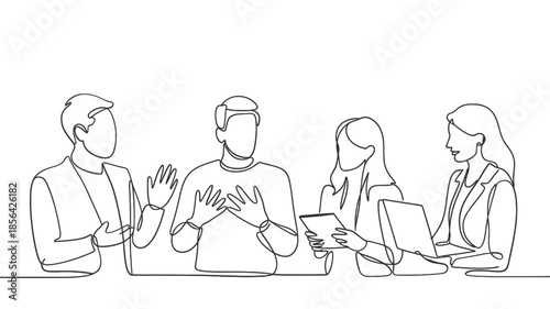 A continuous line drawing of a business team collaborating at a meeting