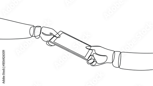 Continuous line drawing depicting hands exchanging a rectangular card or document