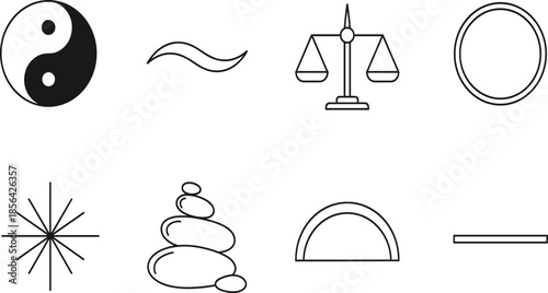 Minimalist black line icon set for philosophical balance featuring yin-yang, scales of justice, zen stones, and abstract geometric symbols.