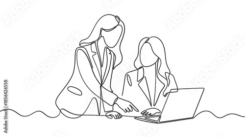 Two women collaborating on a laptop in a continuous line drawing style