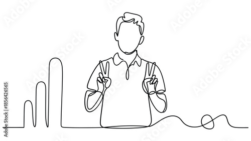 Continuous line drawing of a man making a peace sign with both hands