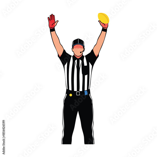 Vector illustration of an american football referee in a black and white uniform holding a yellow flag with arms raised in a signal.