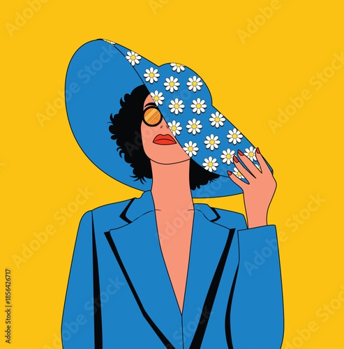 Fashionable woman with broad brim hat oversized sunglasses and stylish summer fashion portrait. Young beautiful fashion woman with sunglasses and summer hat.