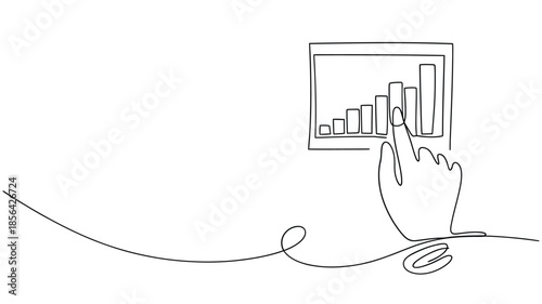 Line drawing of a hand interacting with a tablet displaying a bar graph