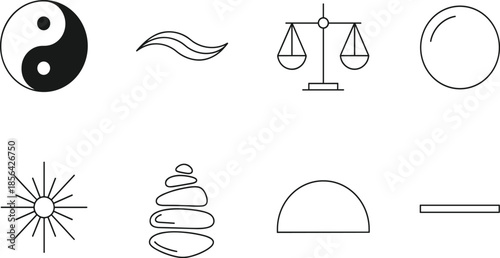 Minimalist black line icon set for philosophical harmony featuring yin-yang, scales of justice, zen stones, and abstract conceptual symbols.