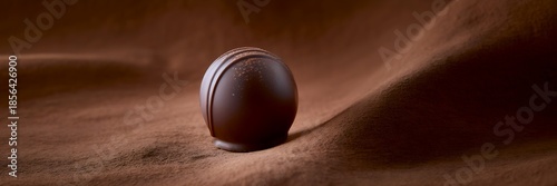 A solitary, beautifully crafted dark chocolate egg rests on a smooth, undulating surface of rich cocoa powder