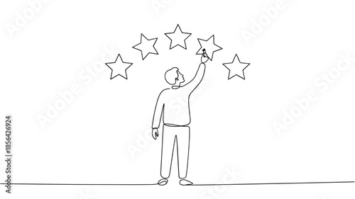 Line drawing of a person reaching up to touch floating stars