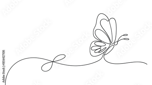 Elegant one line drawing of a butterfly with a flowing artistic trail
