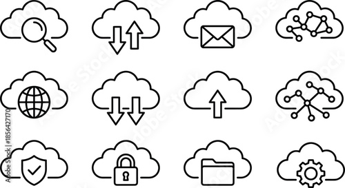 Cloud, computing, icons, set, data, storage, upload, download, security, network, server, technology, internet, backup, outline, vector, system, interface