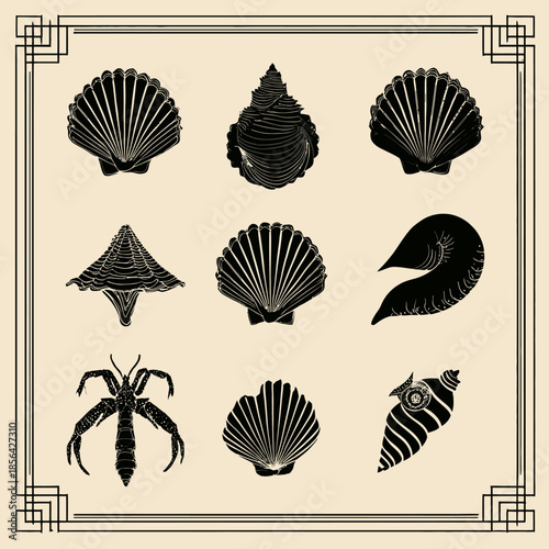 Elegant black and white shellfish illustrations in decorative frame