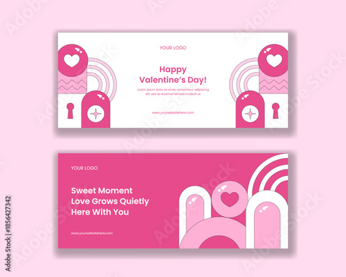 Horizontal Banner Design for Valentine's Day with Flat Cartoon Hand Drawn Illustration