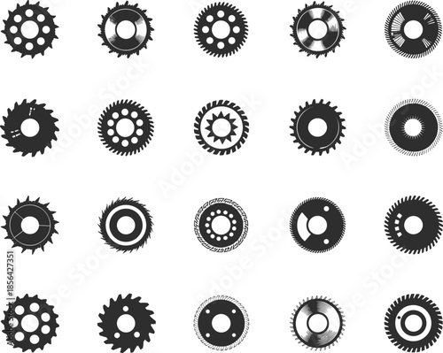 Gear wheel icons vector illustration set with mechanical cog shapes, industrial engineering symbols collection for technology, machinery, automation, interface design projects