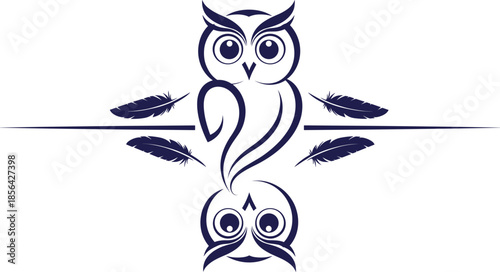 PrintElegant symmetrical owl vector logo design with mirrored bird reflection and feathers on horizontal divider line for tattoo art, branding, and decorative elements.