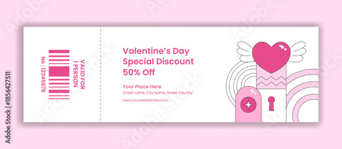 Valentine's Day Ticket Design Created in Flat Cartoon Hand Drawn Illustration Style