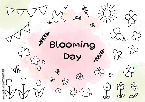ゆるい手描きのイラスト春　Hand-drawn Spring Doodles and Floral Elements Set