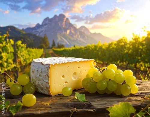 Cheese and Grapes in Vineyard Setting with Majestic Mountain Backdrop at Sunset