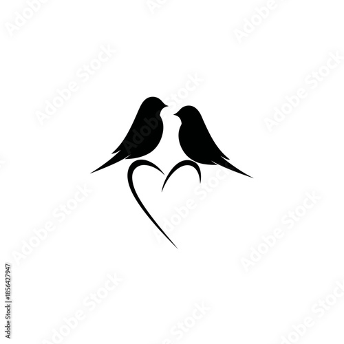 Silhouette of two birds perched on heart shaped symbol in black and white