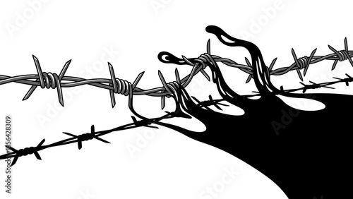 Barbed wire fence with black liquid dripping, symbolizing restriction, danger, and a dark, oppressive boundary.