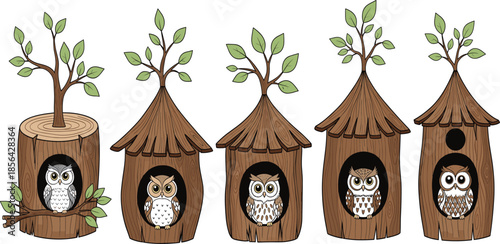 Cute vector set of owls sitting in wooden birdhouses and hollow tree trunks with green leaves for forest nature and home decoration.