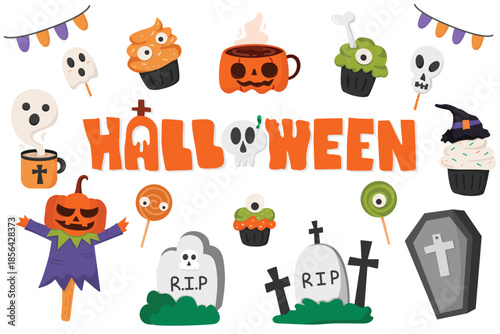 Set of cute Halloween with Halloween word handwriting design for party festival. Element for Halloween party. with ghost, sweet and something for scare.