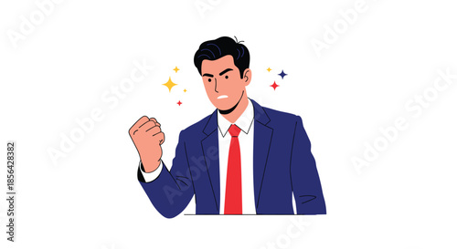 Angry businessman wearing a blue suit and red tie clenches his fist in a gesture of determination, success, or intense frustration.
