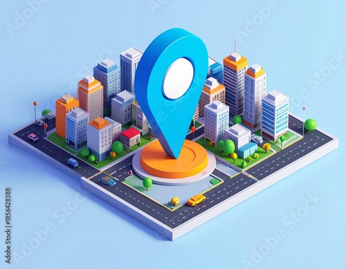 Isometric 3D city map with a large GPS location pin marking the current position