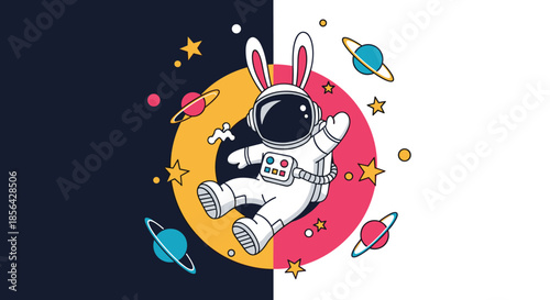 Playful astronaut bunny floating in outer space surrounded by colorful planets and stars with a stylized celestial ring background.