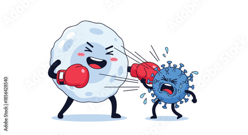 White blood cell wearing boxing gloves fights against a blue virus particle to illustrate immune system defense and medical health.