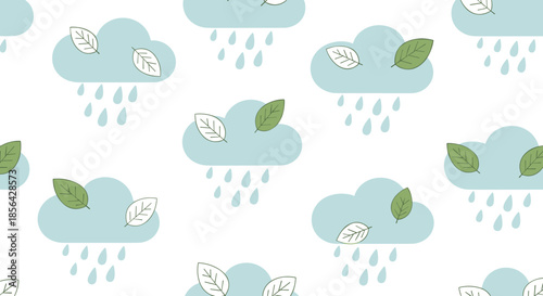 Seasonal seamless pattern of light blue rain clouds with falling droplets and falling green and white leaves for autumn weather themes.
