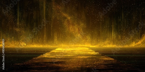 Abstract golden path through atmospheric light with illuminated background
