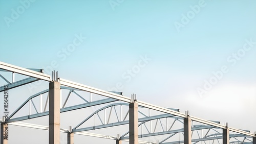 A clean geometric view of a modern industrial building's white steel truss framework and concrete pillars against a clear blue sky.