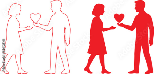 A pair of silhouettes showing a heart exchange and romantic connection