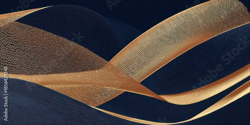 Abstract golden ribbons flowing across a dark blue surface graphic design